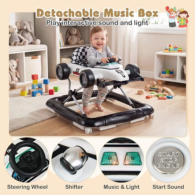 BABY JOY 4-in-1 Baby Walker, Foldable Activity Walker with Push Mode, Adjustable Height, Lights, Anti-Rollover, Baby Walker with Wheels for Boys Girls 6-18 Months (White)