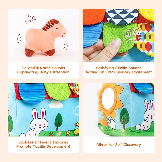 Baby Sensory Toys 6-12 Months, Montessori Stuffed Farm Animals with Rattle Crinkle Mirror, Soft Plush Toys for 6 Months+, Easter Basket Stuffers Gifts for Infant Boys Girls