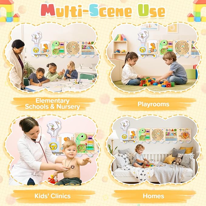 Train Activity Wall Busy Board,Wooden Montessori Sensory Toys,15-in-1 Sensory Wall Panel for Playroom,Preschool,Daycare,Nursery,Classroom, Educational Toys for Toddler