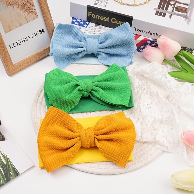 Baby Bow Headbands 3 Pcs Baby Girl Headbands with Bows Soft Nylon Green/Yellow/Blue Headband Bows for Baby Girls, Newborns, Infants