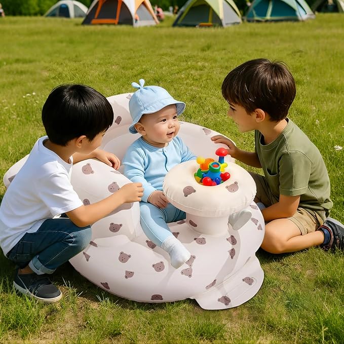 Arscniek Inflatable Baby Seat Built in Air Pump, Blow Up Baby Chair with Back Support and Tray, Sit Me Up Floor Seat for Babies 3-36 Months, Portable Infant Chairs for Indoor and Outdoor - Bear Head