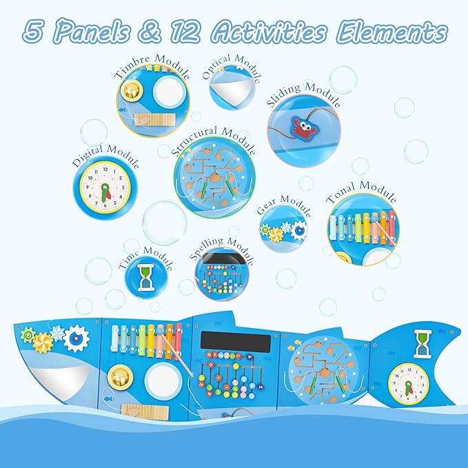 Shark Activity Wall Busy Board Panels,Busy Board for Toddlers Montessori Sensory Toys Wall Mount Wooden Learning Toy Ideal Furniture for Playroom & Children's Daycare