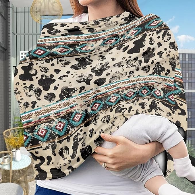 Forchrinse Western Aztec Retro Cow Print Baby Car Seat Canopy for Boys Girls Car Seat Cover Soft Nursing Breastfeeding Cover for Mom