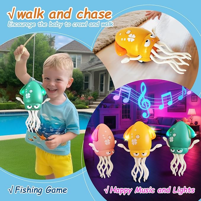 Electric Dancing Octopus Toy, Automatic Obstacle Avoidance Crawling Squid - Lights, Music, Crawling & Fishing Rod Play Fun Chase Toy for Kids Boy Girl Birthday Gifts (Green)