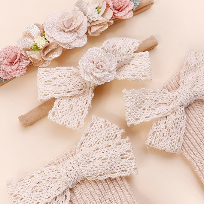 cherrboll Baby Girl Headbands and Socks Set, 3Pcs Soft Floral Hairbands Hair Bows Knit Socks for Newborn Infants Toddlers Photography Props Gifts