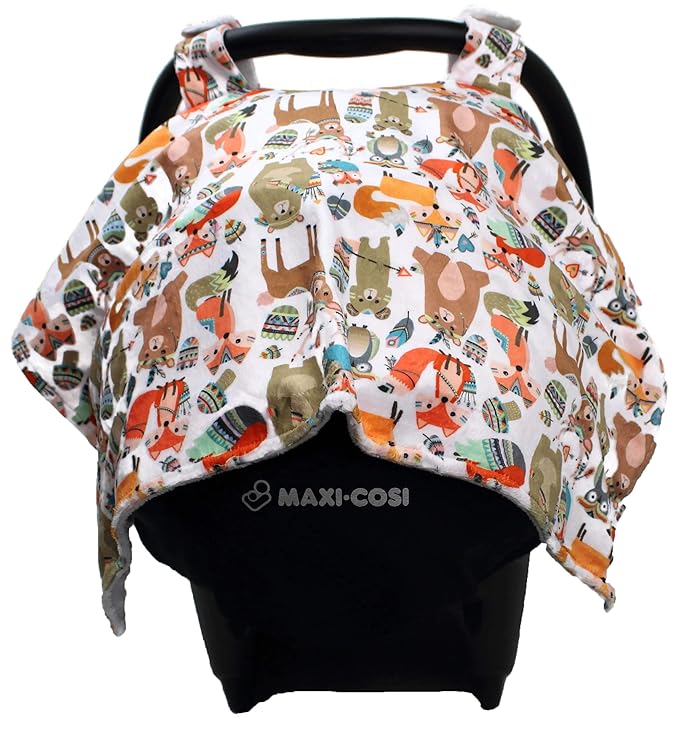 Dear Baby Gear Deluxe Baby Car Seat Canopy Cover, Tribal Woodland Forest Animals, Dot, White