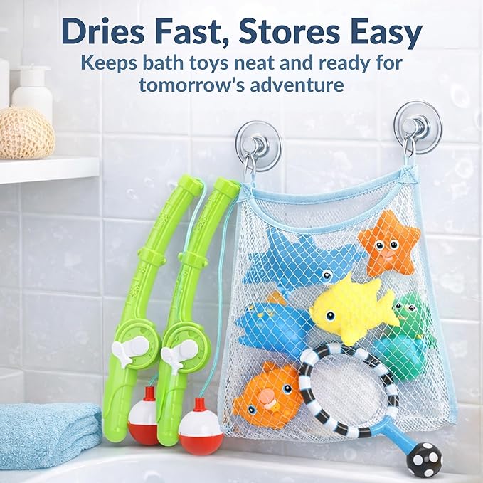 Magnetic Toddler Bath Toys - Kids Fishing Pool Game Set of 2 Fishing Poles, 8 Rubber Sea Animals, & Net - Water Toys with Mesh Organizer Bag