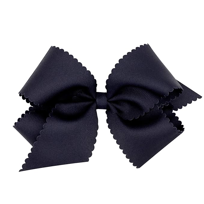 Wee Ones Girls' Classic Grosgrain Hair Bow with Scalloped Edges and Plain Wrap Center on a WeeStay Hair Clip, King, Navy
