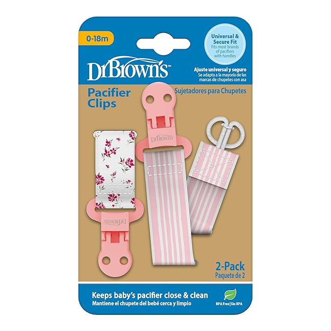 Dr. Brown's Pacifier Clips, Universal Fit Fabric Strap for Pacifiers, Flowers and Stripes, BPA-Free, 0-18 Months, 2-Pack