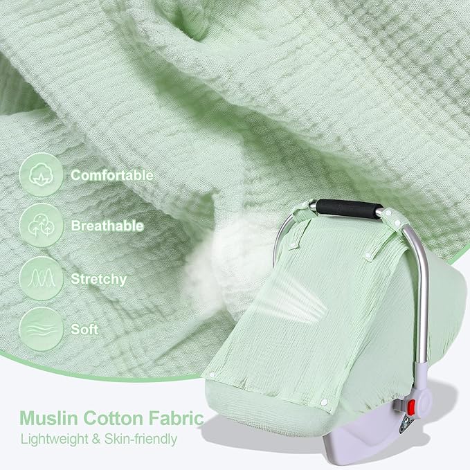 Baby Car Seat Cover for Boys Girls, Muslin Car Seat Cover for Babies with Breathable Mesh Peep Window, Lightweight Kick-Proof Infant Car Seat Canopy, Outdoor Windproof Stroller Cover (Pea Green)