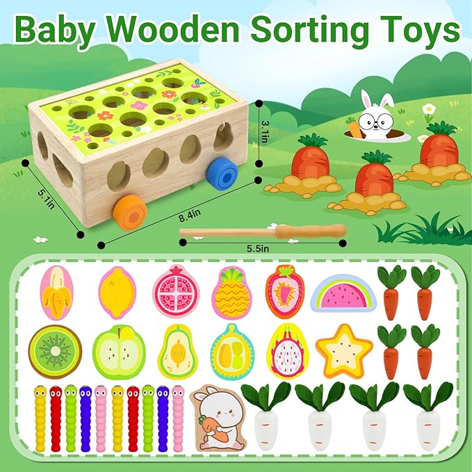 MEGRANATE Montessori Wooden Shape Sorter for Baby Carrot Shape Sorting Toy for Toddlers 3+ Montessori Shape Puzzles Fine Motor Toys Sensory Learning Educational Toys for Kids 1 2 3 4 5 6 Years Old