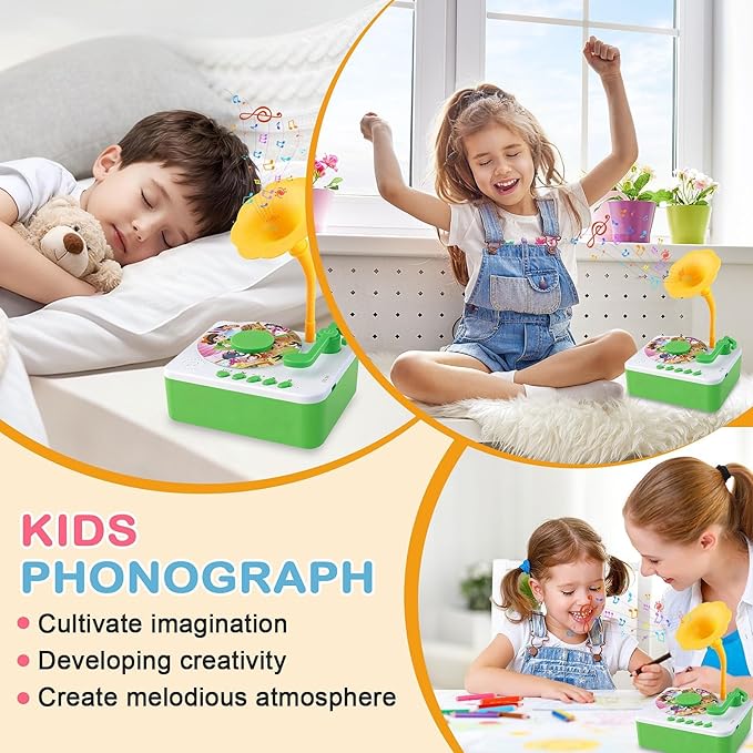 Children's Phonograph and Baby Record Player, Equipped with 96 Story Cards, Songs and Phonograph Records (Green Model)