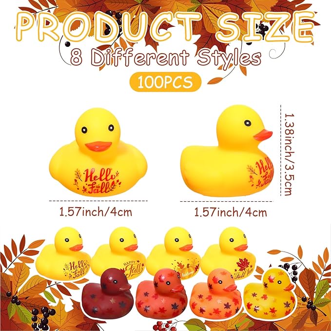 Hiboom 100 Pcs Thanksgiving Rubber Ducks 1.57 Inch Fall Rubber Duck with Leaf Pumpkin Printed Fall Themed Bathtub Toys Gifts Table Decor Thanksgiving Party Favor (Vibrant)