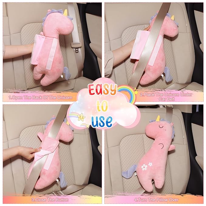 Lenwen 2 Pcs Seat Belt Pillow for Kids Cover for Boys Girls Seatbelt Cushion Pillow for Toddler Car Strap Covers for Travel Sleep Neck Head Support Pad(Pink,Unicorn)
