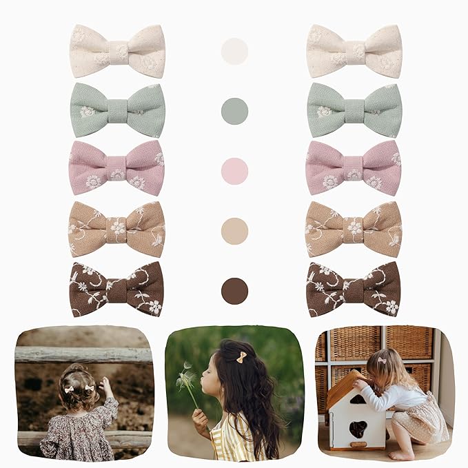 10 PCS 2'' Baby Hair Bow Clips Set Handmade Fully Lined Alligator Clips Floral Embroidered Cotton Fabric Gental for Baby Girls Toddler Fine Hair (Spring)
