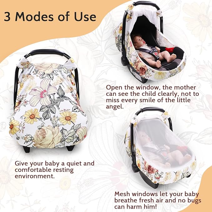 Floral Car Seat Insert,Cushion for Stroller, Swing, Bouncer, 2-in-1 Reversible, Floral Baby Car Seat Cover for Girl,Infant Carseat Canopy Sun Cover，Baby Carrier Cover with Zipped Peep Windows