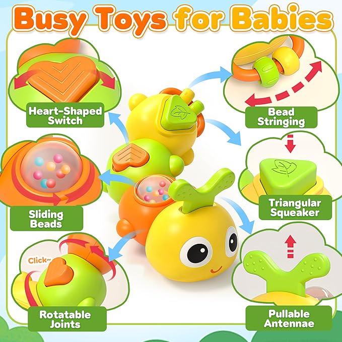 Montessori Sensory Toy for Baby 1 year old, Caterpillar Busy Board for Toddler 12-18 Month Airplane Travel Toy Roadtrip Car Activities 1st Birthday Gift Valentine Day Gift Easter Basket Stuffer
