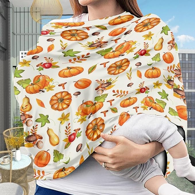 Coldinair Fall Pumpkin Print Baby Nursing Cover & Nursing Carseat Canopy Cover Thanksgiving Day Leaf and Mushroom Multi Use Cover for Baby Car Seat Canopy, Shopping Cart Cover, Stroller Cover