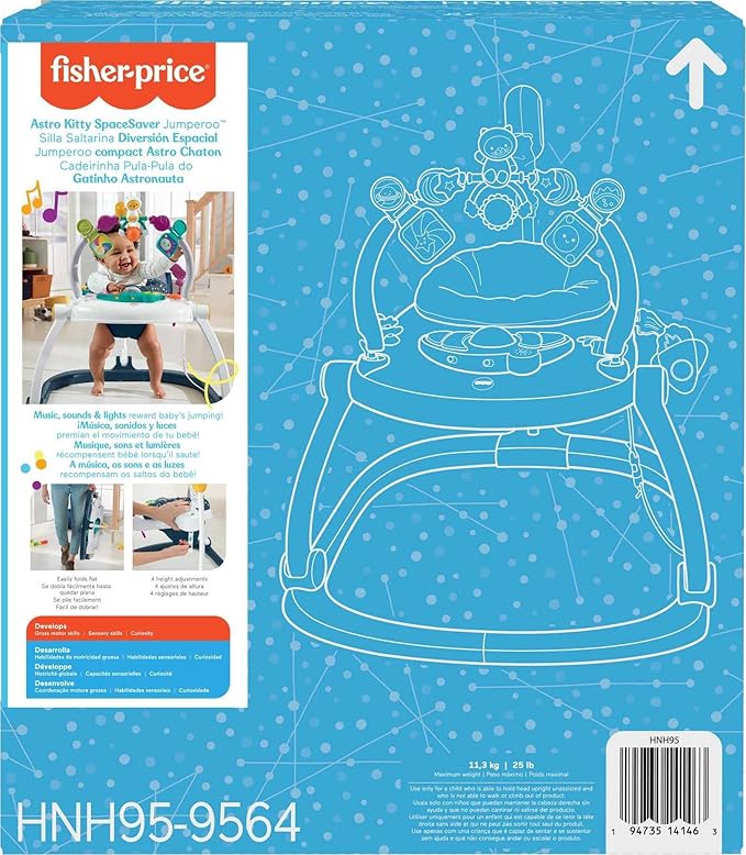 Fisher-Price Baby Bouncer SpaceSaver Jumperoo Musical Activity Center with Lights Sounds & Developmental Toys, Astro Kitty