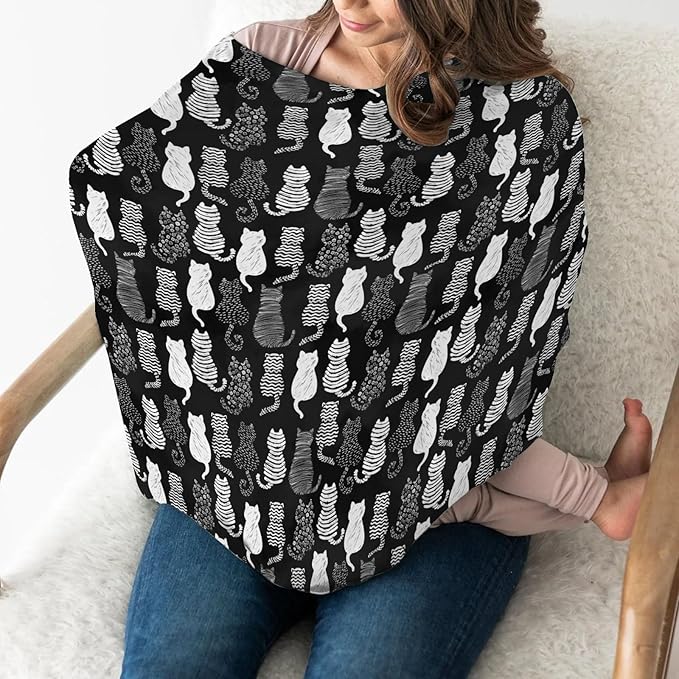 Stylish Cat Shapes Car Seat Cover for Babies Black and White Cat Stretchy 5-in-1 Covers Adjustable Car Canopy Cover Cats Lovers Gift Breathable Nursing Cover-Up