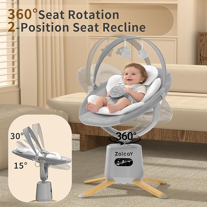 Baby Swings for Infants, Zoicay Electric 3D-Motion Baby Swing with 9 Modes & 8 Speeds, 360° Rotating Seat, APP & Remote Control, 6 Lullabies, Portable Infant Swing for Indoor and Outdoor(Gray)