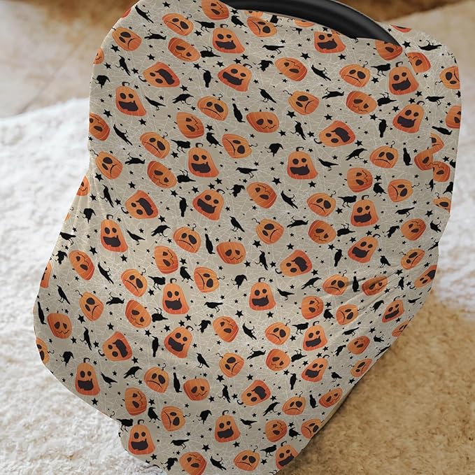 Halloween Pumpkin Black Crows Car Seat Cover for Babies Orange Pumpkins Stars Stretchy 5-in-1 Cover Adjustable Car Canopy Cover Spooky Halloween Breathable Nursing Cover-Up