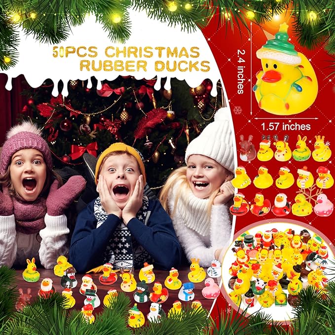 Hanaive 50 Pcs Christmas Ducks for Stocking Stuffers Mini Xmas Rubber Ducks Bath Toys for Kids Toddlers Christmas Goodie Bag Stuffers Xmas Party Favor Gifts (Retro)