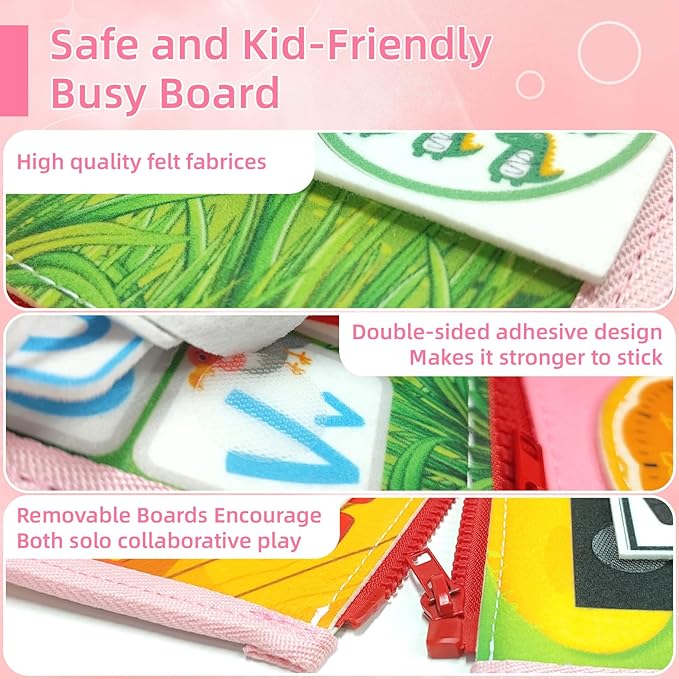 TUNJILOOL 10-in-1 Montessori Busy Board, Sensory Activity Board with Carry Sling, Detachable Pages for Fine Motor Skills & Travel