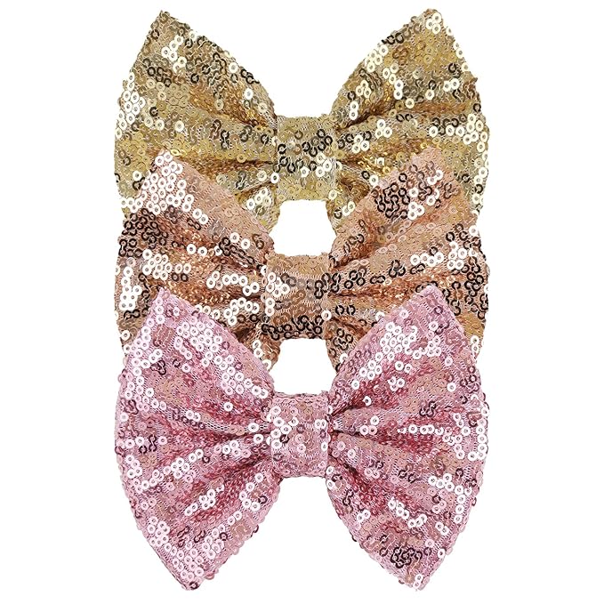5 Inch Hair Bows for Girls Large Bows Alligator Hair Clip Sparkly Glitter Sequin Hair Bows Hair Accessories for Kids Toddler Children Gift Pink Gold