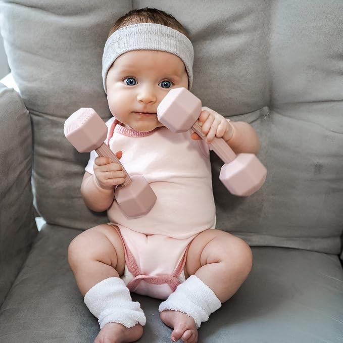 Giftty Baby Dumbbell - Silicone Infant Rattle Teething Toy Teether Toddler Sensory Toy Durable Safe Exercises Workout Weight - Great Gift for Girls and Boys (1pcs 4.8oz - Pink)