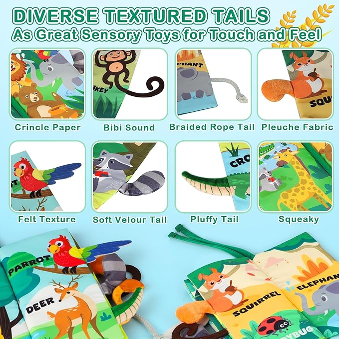 BBWOO Soft Baby Book Toy - Newborn Boy Girl Shower Gift - Tummy Time Toy for Infant 0-6 6-12 Months - Touch and Feel Sensory Crinkle Book with Teether - Baby Boy Girl Gift - Easter Basket Stuffers