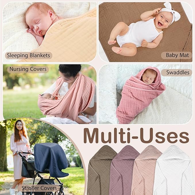 Peryiter 4 Pcs Muslin Hooded Baby Towels 32 x 32 Inch Cotton Newborn Bath Essentials Muslin Infant Blankets Absorbent Registry Gifts for Girl Boy Kids Baby Shower (Coffee)