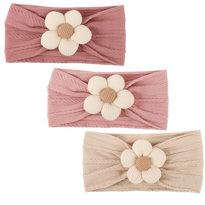 DRESHOW BQUBO Baby Flower Headbands Baby Girls Nylon Headbands Soft Stretchy Hairbands Handmade Hair Accessories for Newborn Infant Toddlers Kids Baby Essentials 3 Pcs