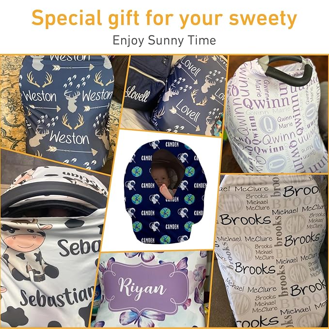Personalised Car Seat Cover for Babies - Multi-use Carseat Canopy Cover with Name, Blue Astronaut Print Car Seat Covers, Christmas Birthday Gifts for Infant Boys and Girls(27"x29")