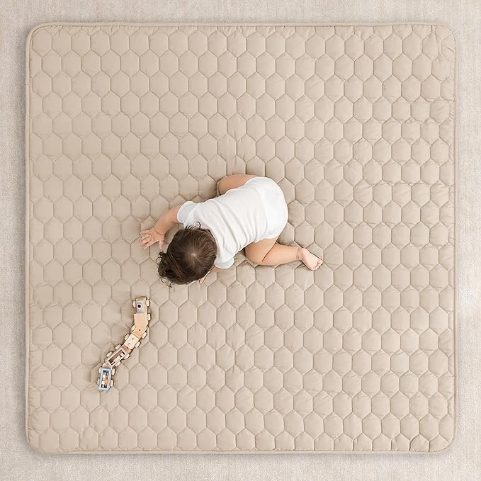 Comfy Cubs Square Kids Play Mat - 56 x 56 inches Soft Quilted Baby Floor Mat with Non-Slip Bottom - Plush Design for Toddlers' Playtime - Comfortable and Durable - Sand