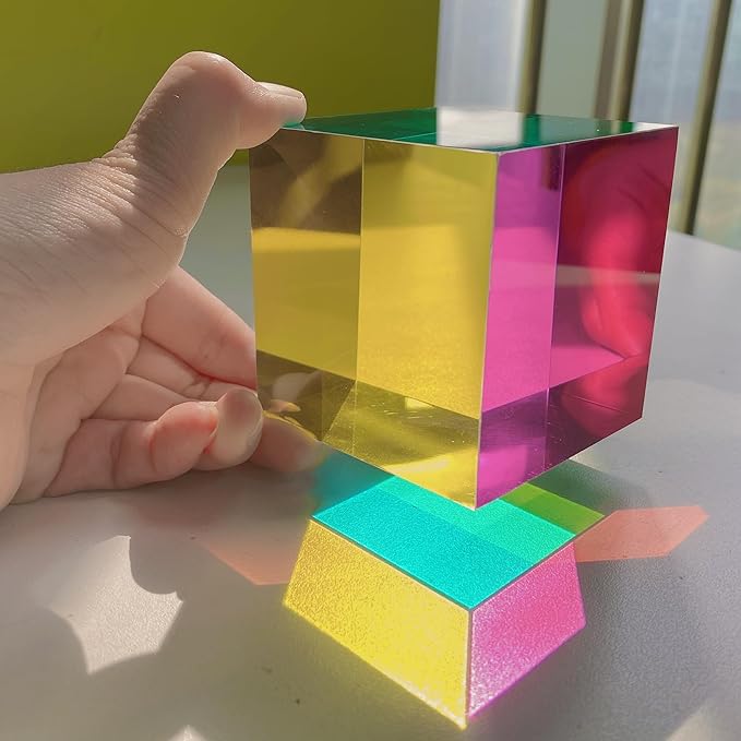 CMY Color Cube, 2.75 inch (70mm) Acrylic Multi-Color Cube Prism for Physics Education Learning and Office Desktop Decor, Scientific Toys and Gifts for Kids