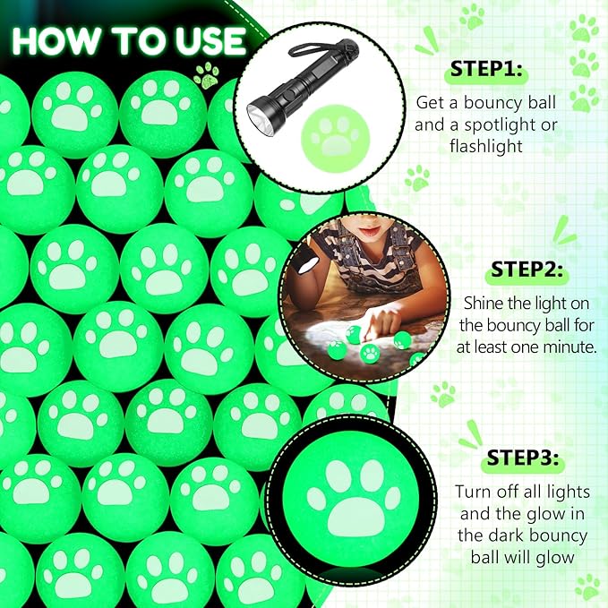 Seenelling 24 Pcs Glow in the Dark Bouncy Balls Dog Paw Rubber High Bouncing Balls for Kids Party Favor Classroom Gifts (Dog Paw, Green)