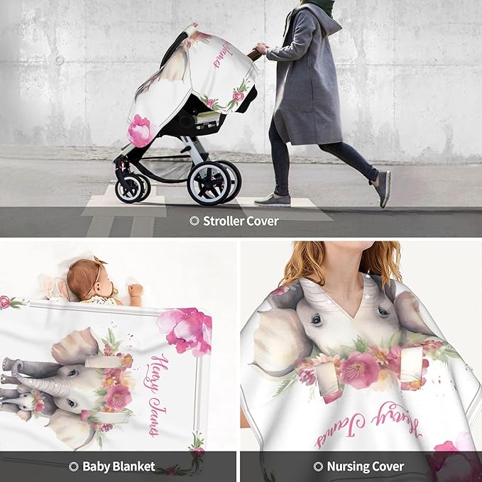 Personalized Baby Car Seat Canopy with Name Custom Minky Elephant Car Seat Covers Nursing Cover for Breastfeeding Multi-Use Cover Infant Carrier Carseat Winter Cover for Newborn Girls Boys