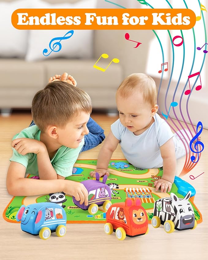 Helsort Baby Car Toys for 1 Year Old Boy with Musical Playmat, Animal Sounds and Pull Back Vehicles for Toddlers 1-3, Soft Baby Learning Toys 12-18 Months, 1st Birthday Gifts for One Year Olds