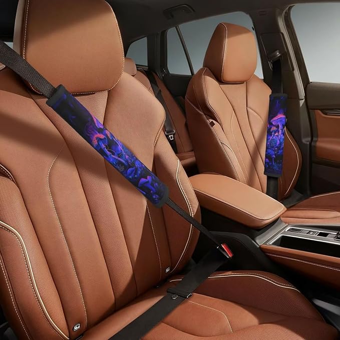 Universal Car Seat Belt Pads Cover Fansty Mushroom Print Seat Belt Shoulder Strap Covers Harness Pad for Car Truck SUV Soft Comfort Seat Belt Cushion Shoulder Pad, Purple