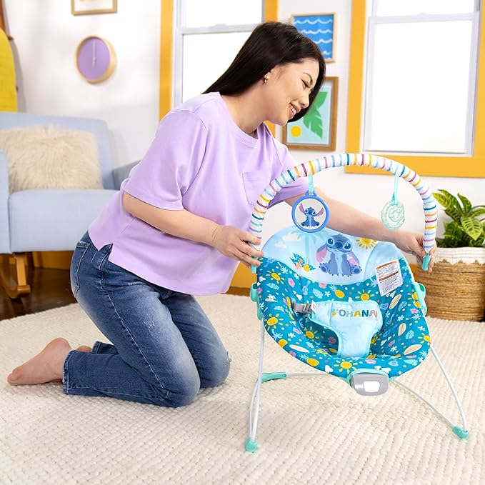 Bright Starts Disney Stitch Ohana Paradise Vibrating Baby Bouncer, Soothing Vibrations Infant Seat with 2 Sensory Toys, 0-6 Months