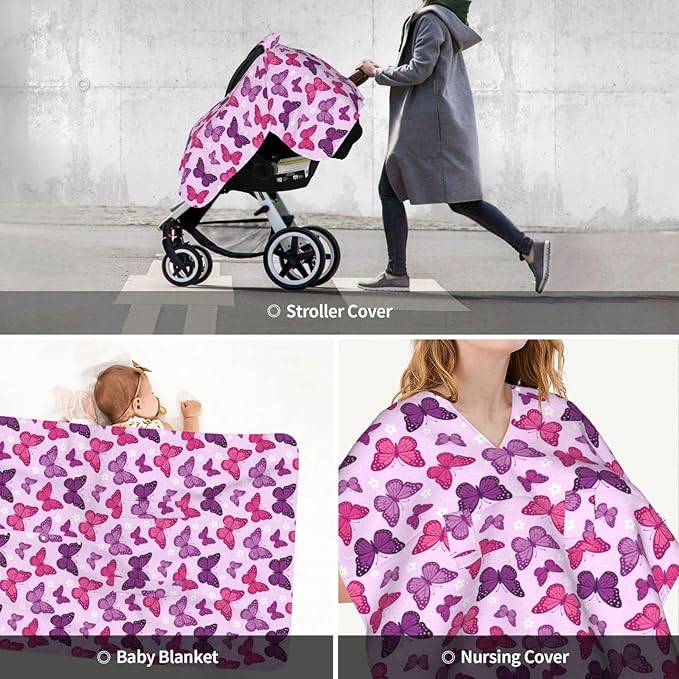 Butterfly Car Seat Canopy Cover for Baby, Nursing Cover for Newborn, Pink Butterfly Baby Girl Stuff Stroller Cover for All Seasons