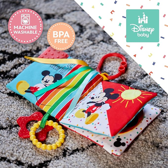 Kids Preferred Disney Baby Mickey Mouse Colorful Crinkle Soft Book with Teething Corner and On-The-Go Clip for Babies