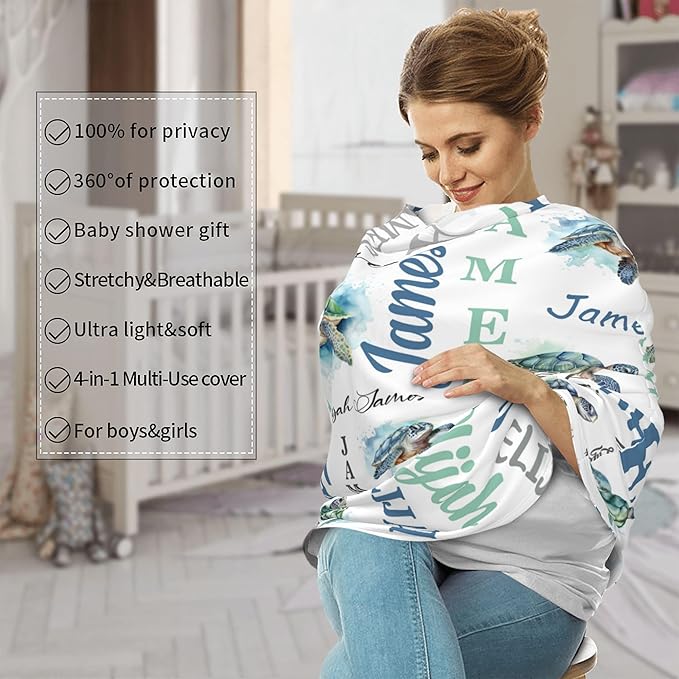 Personalized Baby Car Seat Cover with Name Stroller Canopy Custom Sea Turtle Carseat Cover Newborn Baby Boy Girl Nursing Cover for Moms First Birthday Gift