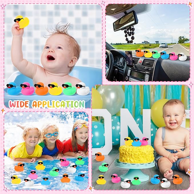 Hiboom 300 Pack Mini Rubber Ducks Set Bath Toys in Bulk with Sunglasses Float Squeak Tiny Baby Shower Rubber Duck Bathtub Pool Toy for Kids Party Birthday Supplies Prize Rewards(Colorful)