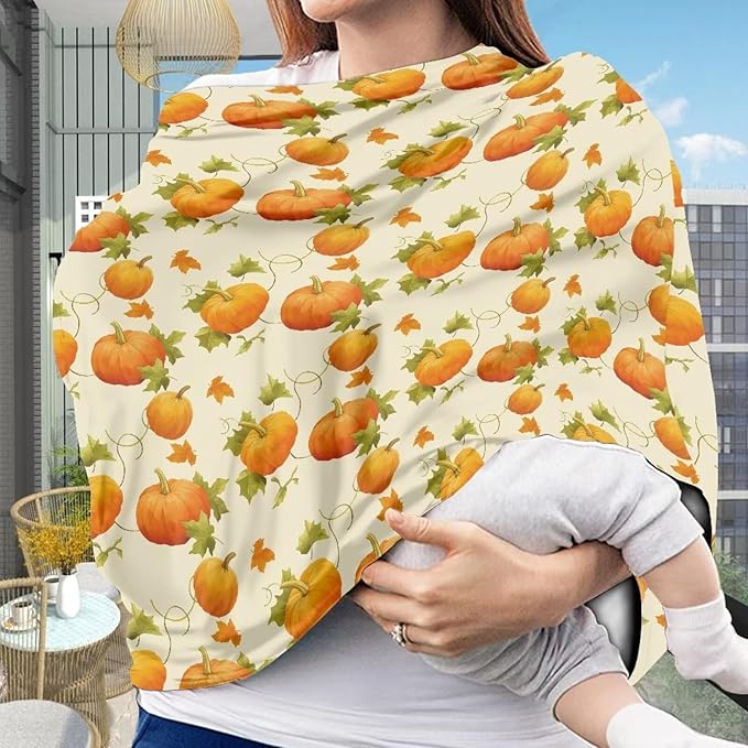 AFPANQZ Pumpkin Car Seat Covers for Babies Stretchy Lightweight Soft Nursing Cover Breastfeeding Shield Carseat High Chairs Gender Neutral Shopping Carts Infant Baby Beanie and Bags