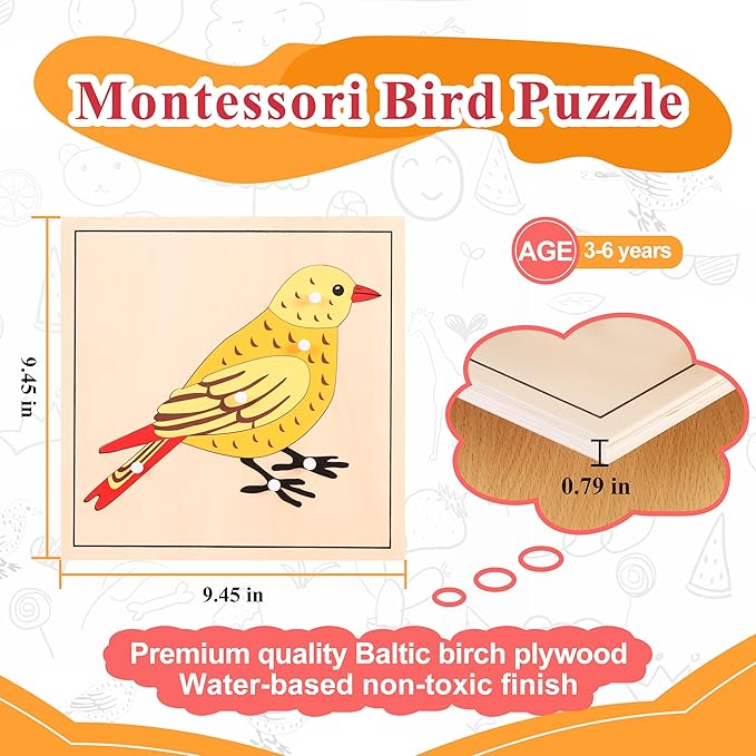 Montessori Bird Anatomy Puzzle, Wooden Body Parts Learning Toy, Preschool Science Puzzle for Kids Ages 3-6, Classroom & Homeschool, Baltic Birch