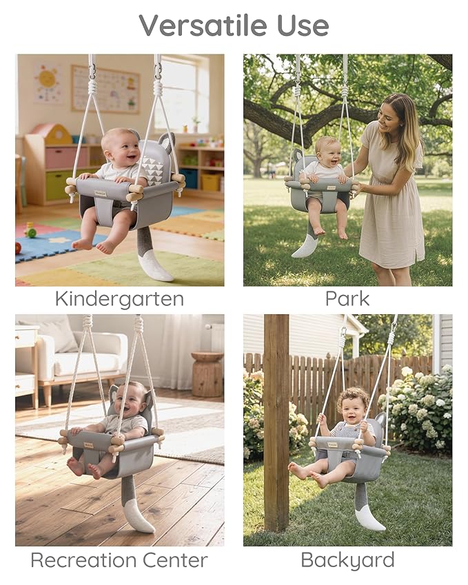 Wooden Hanging Baby Swing with Soft Safety Belt, Cozy Infant Swing Seat for Indoor & Outdoor Use, Adjustable Height, Includes Mounting Hardware – Suitable for Babies & Toddlers（Fox-Themed in Gray