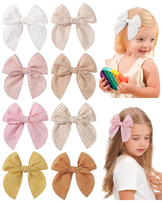 doboi 8PCS Baby Girls Hair Clips Fable Hair Bows Cotton Linen Bows for Girls Hair Accessories for Baby Girl Toddlers Kids-Yellow