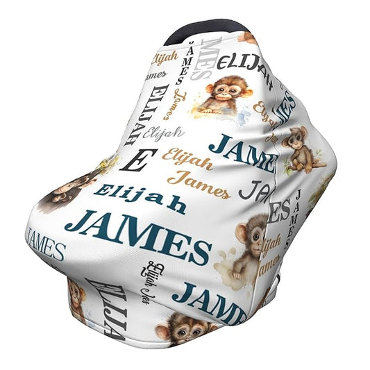 Personalized Car Seat Covers for Babies with Name – Multi-use Breastfeeding Cover Custom Monkey Carseat Canopy Cover, Infant Stroller Covers for Boys and Girls